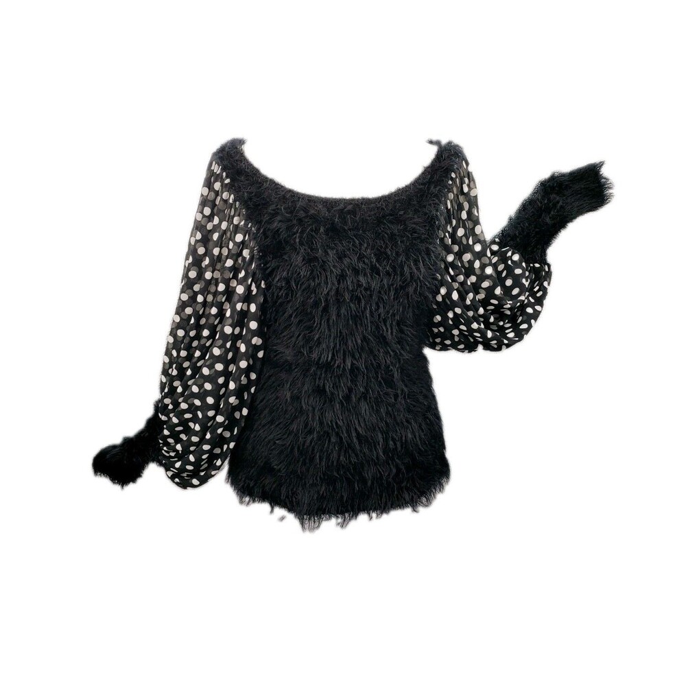 Vtg Radzoli Top Sz XL Faux Fur Knit Polka Dot Chiffon Black White Balloon Sleeve